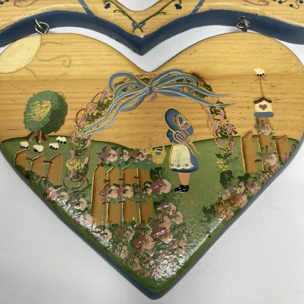 Vintage Heart Shaped Wood Folk Art Welcome Sign Handmade Country Cottage Grandma